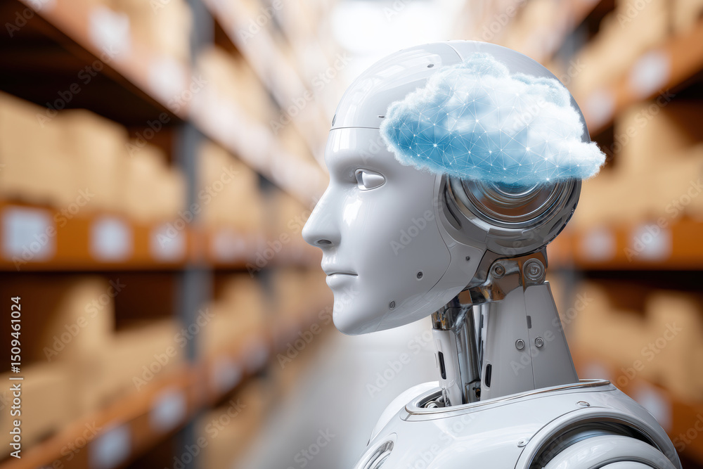 Poster futuristic robot with cloud above its head in warehouse symbolizes advanced cloud management softwar