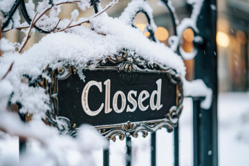 Snow-covered "Closed" sign on ornate gate in winter, symbolizing