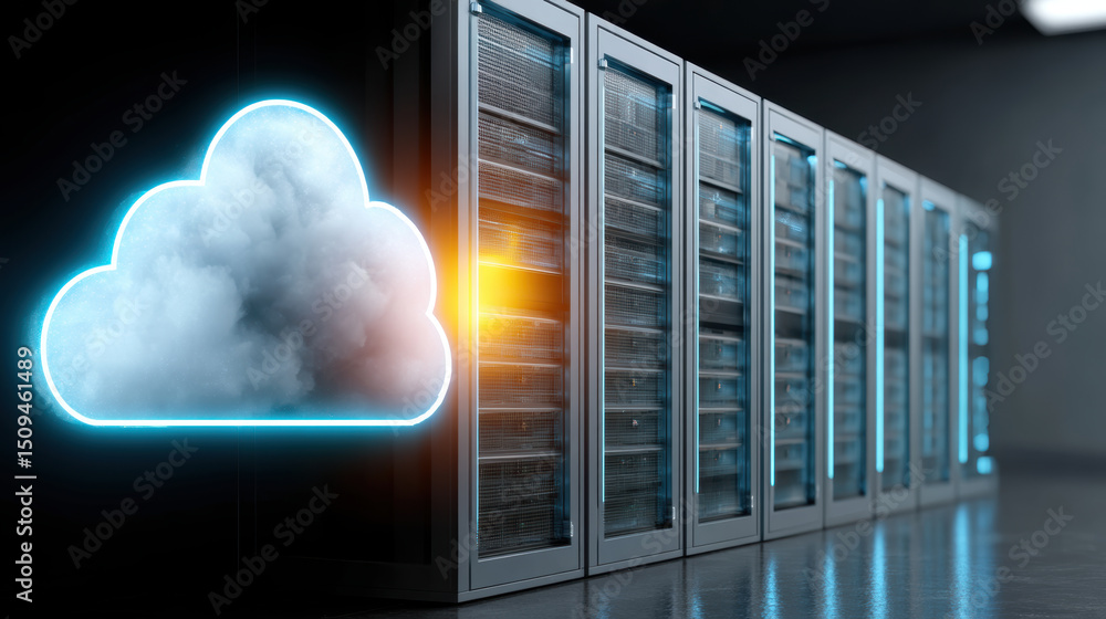 Poster cloud warehouse management software concept with glowing cloud icon and server racks in data center 