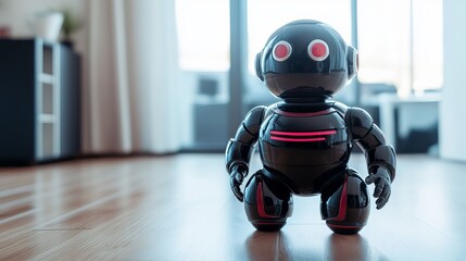 Modern Black Robot Toy on Wooden Floor Home Interior Futuristic Technology Artificial Intelligence Smart Home Device Innovative Design Elegant Robotic Gadget Realistic 3D Render   