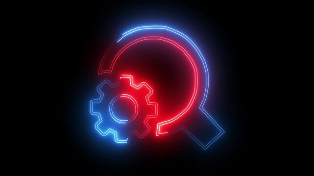 Glowing settings search icon neon line and search icon isolated on black background.