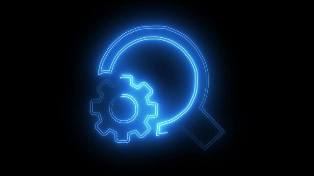 Glowing settings search icon neon line and search icon isolated on black background.