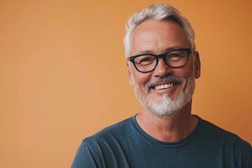 Portrait of smiling senior man with eyeglasses against orange background