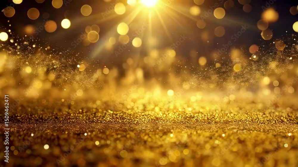 Poster golden dust and particles shimmering with bokeh lights, abstract sparkling background with gold glit