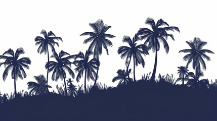  Silhouette of palm trees against white sky in navy blue, African landscape theme, serene nature illustration