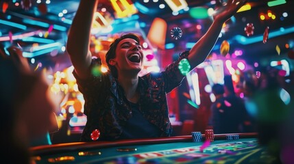  Jubilant casino winner celebrating jackpot in vibrant neon lights, gambling success and excitement atmosphere