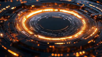 Abstract Futuristic Technology Background Orange Glowing Circuits Digital Interface Modern Design Element High Tech Innovation Circular Pattern Dark Theme Science Fiction Graphic  