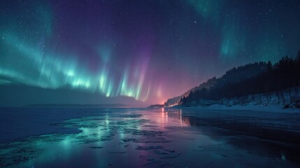 Naklejka premium Aurora borealis over frozen river