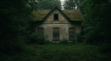 Abandoned house surrounded by overgrown trees in a forest  