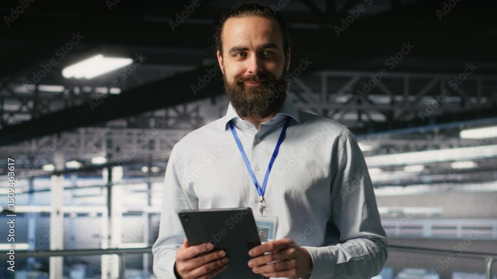 Poster portrait of smiling engineer in data center monitoring neural network llm visualization. cheerful se