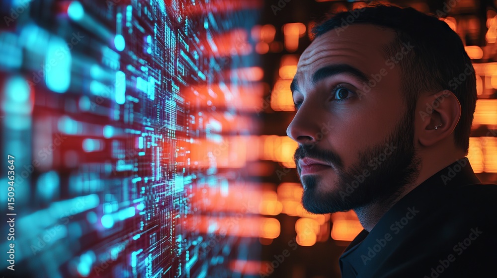 Poster intrigued man observing futuristic digital data stream bright neon blue and orange technology backgr