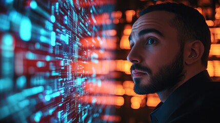 Intrigued Man Observing Futuristic Digital Data Stream Bright Neon Blue and Orange Technology Background Innovative Programmer Cybersecurity Expert Studying Complex Algorithms     