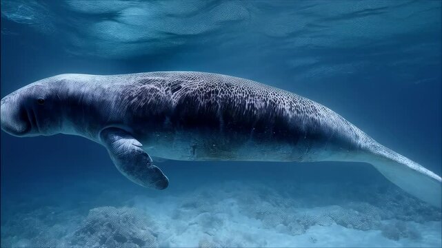 Solitary dugong swimming gracefully underwater with natural light creating ripples on surface, showcasing its streamlined body and peaceful marine environment