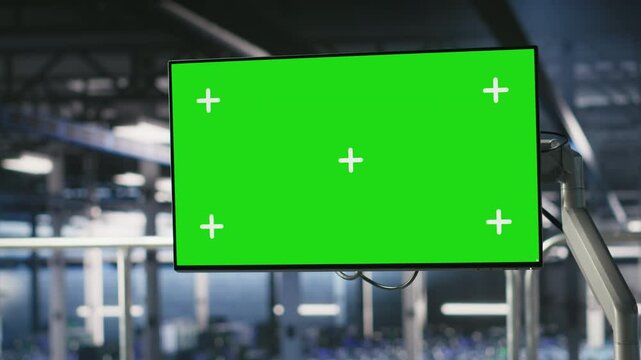 Industrial platform workstation in automated data center displaying deep learning code on green screen monitor. Server hub chroma key PC running AI models monitoring operational stability - Powered by Adobe