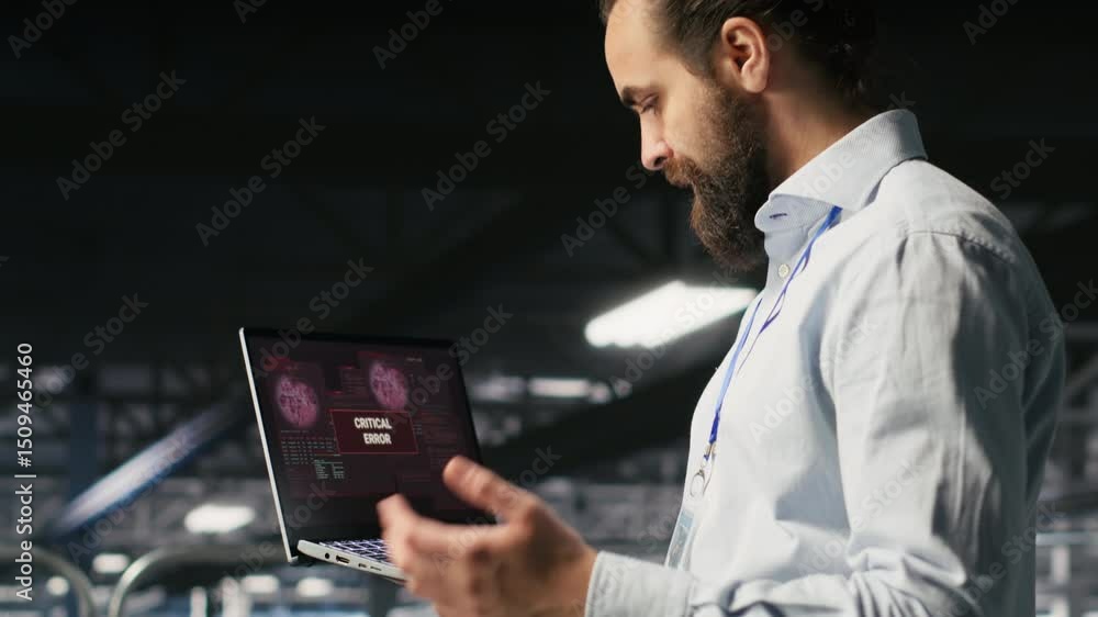 Poster annoyed engineer in data center reacting to critical error message on laptop. irked it professional 