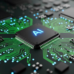 Glowing Blue AI on Dark Green Circuit Board: Advanced Artificial Intelligence Technology