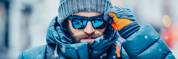 Winter Outfit Portrait: A bearded man in a blue puffer jacket, knit hat and gloves adjusting blue glasses during a snowy day