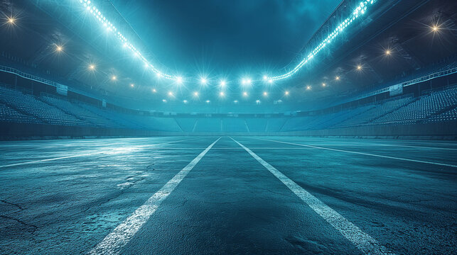 Empty illuminated stadium with wet asphalt surface at night – futuristic sports arena with blue lighting - Powered by Adobe