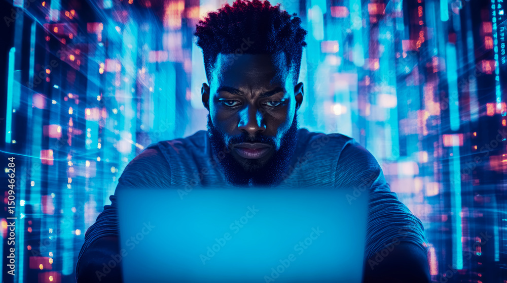 Poster cybersecurity concept: focused developer working on laptop in a digital matrix