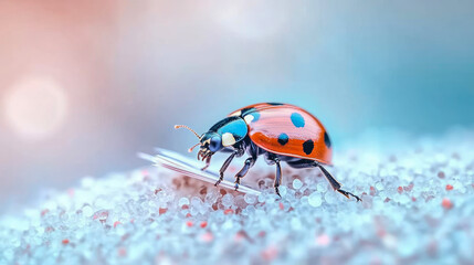 Fototapeta premium Ladybug close-up on a white crystals surface, arthropod with bright colors and spots in a colorful serene environment, nature