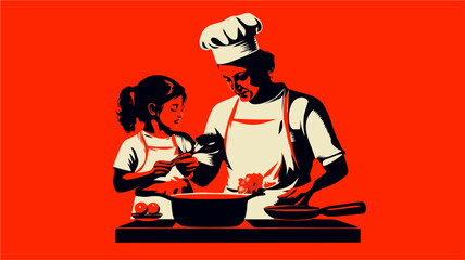 Mother and Daughter Cooking Together, Wearing Aprons and Chef Hat, in Graphic Style