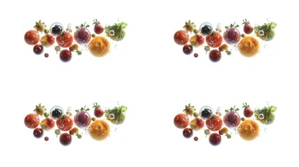 Four rows of colorful fruits and vegetables, seemingly suspended in mid-air,  displaying vibrant hues and dynamic motion