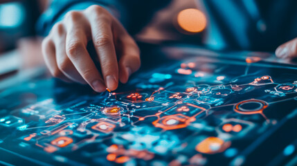 Naklejka premium Technology Concept: Engineer's hand manipulating an interactive digital interface displaying circuit diagrams and network connections.