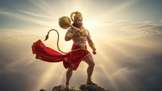 Epic depiction of the divine monkey god hanuman standing heroically on a mountaintop with radiant sunlight breaking through the clouds