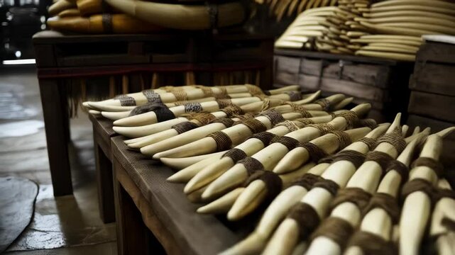 Arrangement of multiple animal tusks with fiber wraps on wooden tables, creating an exotic and possibly controversial display with traditional touches