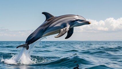Fototapeta premium Full-body bottlenose dolphin breaching surface with arc shape and flippers visible, white