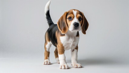 Full-body beagle puppy in standing stance with tail up and soft fur shown, on white
