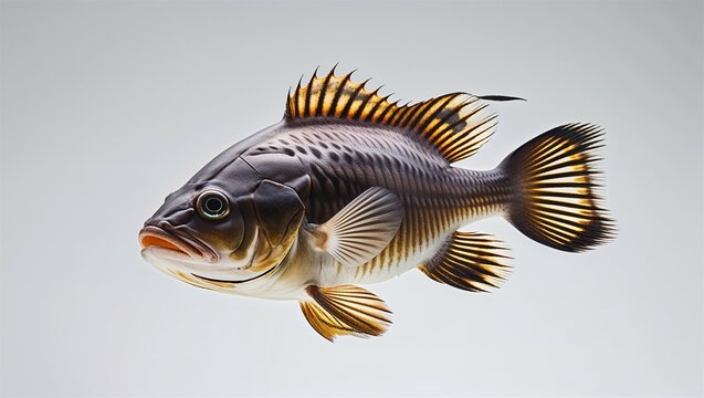 Full-body boxfish with angular shape and side fins flapping, isolated on white background