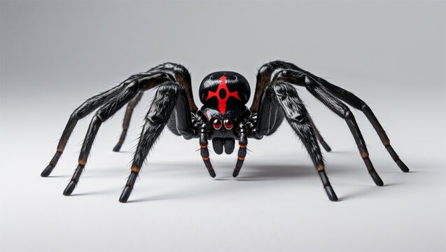 Full-body black widow spider with red hourglass mark, side pose isolated on white