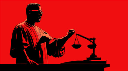 Judge with Scales of Justice in Red and Black Tones