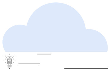 Large cloud with light bulb and smartphone represent digital storage, creative solutions, and technological advancement. Ideal for tech, innovation, cloud storage, mobile apps, brainstorming