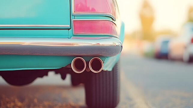 Fototapeta Classic Teal Car Rear View Exhaust Pipes Sunset