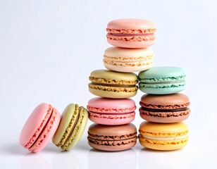 Obraz premium Colorful Macarons Stacked Elegantly on White Background