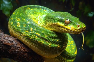 Fototapeta premium Close-up of a vibrant green snake with yellow spots coiled on a branch with its tongue extended showing sharp detailed scales