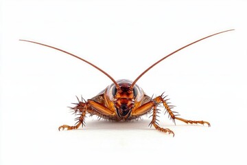 Close-up front view of a brown cockroach with long antennae and spiny legs on a white background