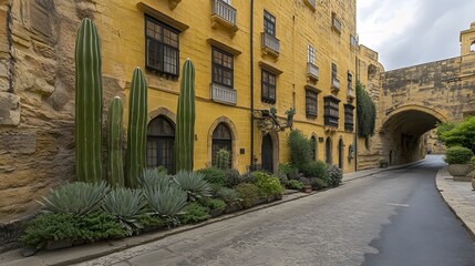 Obraz premium Yellow Building Street Cactus Plants Malta Architecture