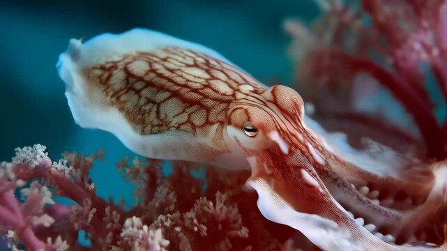 Elegant cuttlefish swimming gracefully near vibrant pink coral reef in deep ocean, showing intricate patterns and ocean ecosystem.
