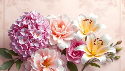 Delicate Floral Collage. Elegant Design With Lilacs, Peonies, And Lilies Adorn Soft Muted Backdrop For Sophisticated Applications. Perfect For Spring Themes And Gentle Expressions.