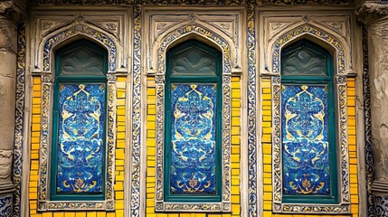 Obraz premium Triple Blue Mosaic Arch Windows Islamic Architecture Detail