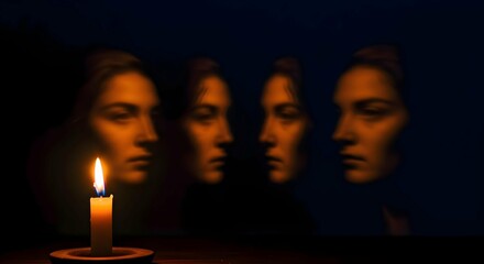 Ethereal Candlelight Portrait: Four Shadowy Profiles Illuminated by a Single Flame.
