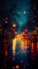 Rainy Night Urban Scene with Reflected Lights on Wet Street