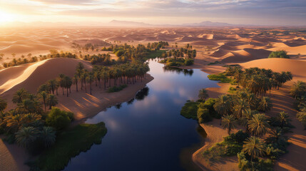 Beautiful oasis in vast desert landscape at sunrise with reflective water and lush palm trees, panorama, concept of travel, nature, ecosystem.