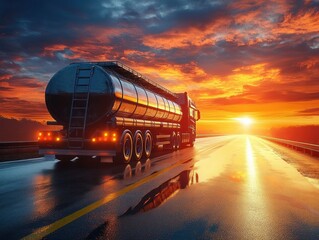 Large tanker truck driving on wet highway at sunset with dramatic colorful sky and road reflecting light