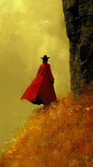 A lone figure wearing a red cloak and hat stands at the edge of a cliff, facing an unknown future, showcasing loneliness, and cinematic moment