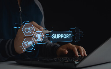 Expert assistance online, remote technical support with virtual icons showing gears, customer...