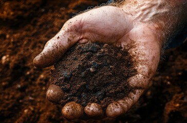 Obraz premium Close-up of a dirty adult hand holding rich dark soil outdoors